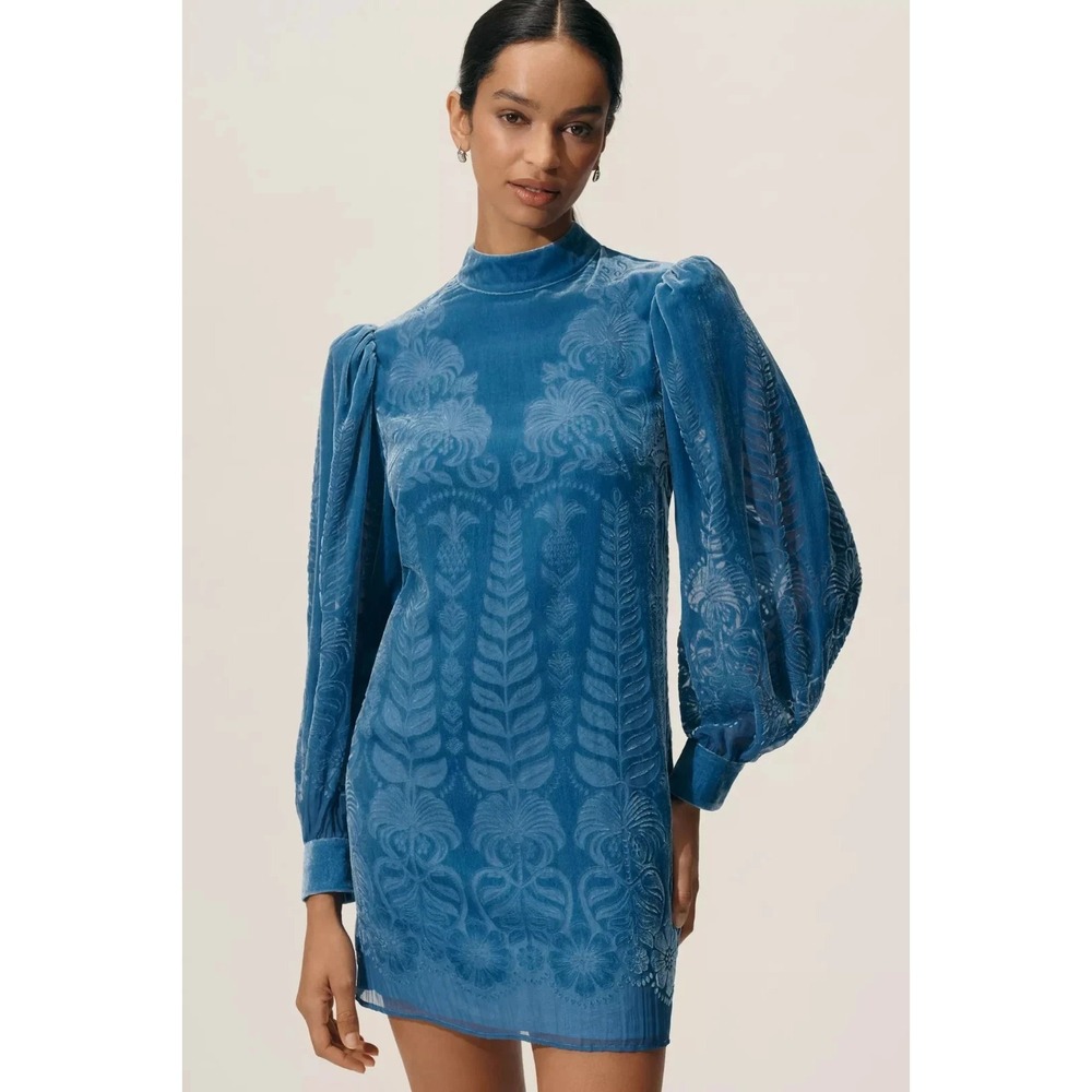 NEW Farm Rio Anthropologie Puff-Sleeve Mock Neck Velvet Mini Dress Blue XL